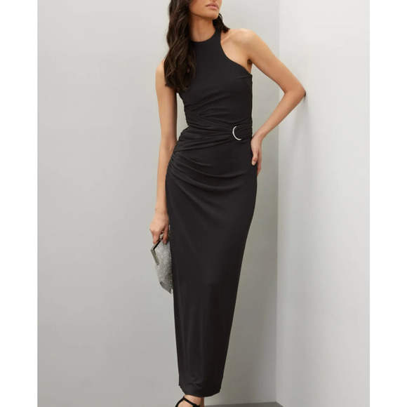 Halston Black Tank Gown Size 8 Cocktail Bodycon Halter Chic Maxi Dress $545 Flaw - Picture 1 of 10